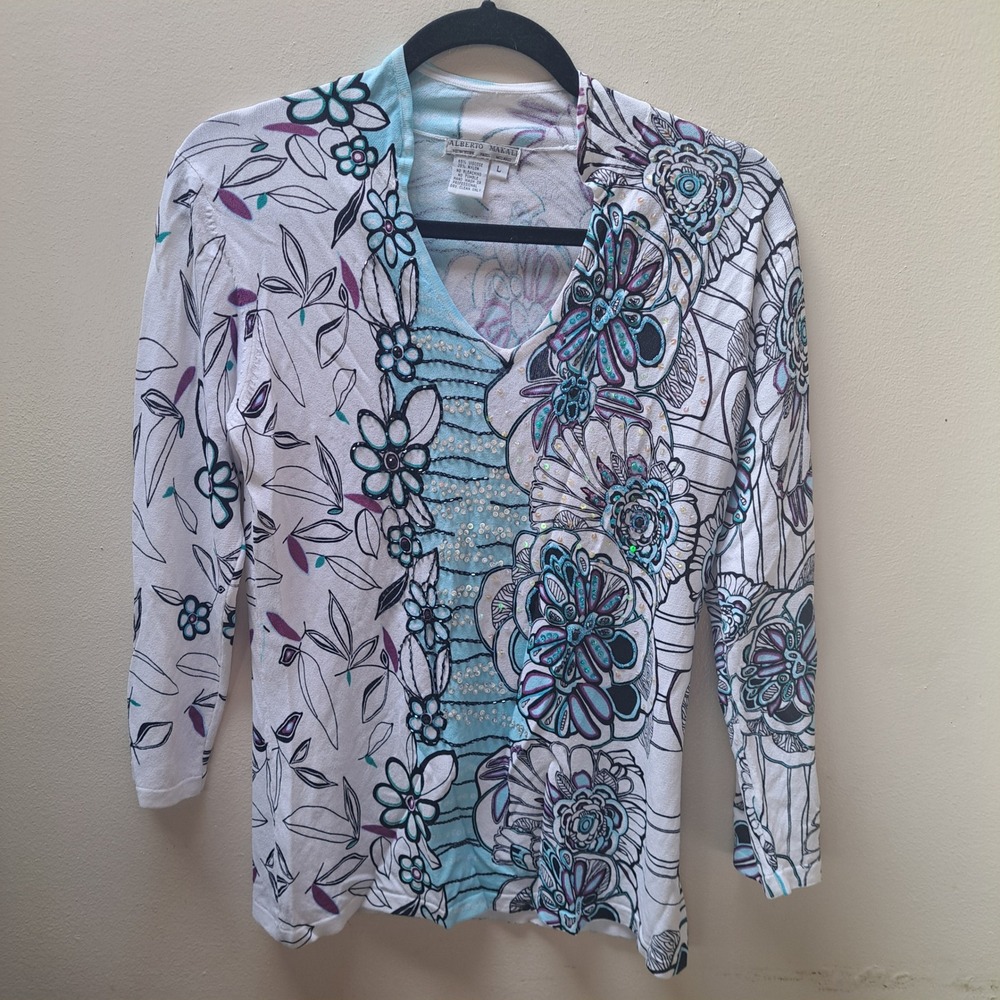 Alberto Makali Floral Sequin V-Neck Knit Top White Blue Purple 3/4 Sleeve Large